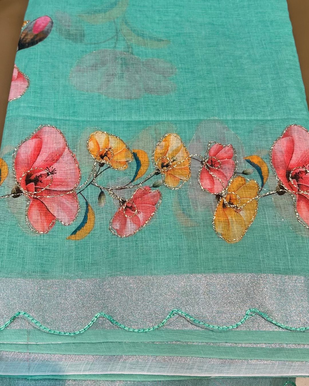 Turquoise Colour Linen Cotton Digital Printed Saree
