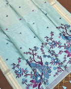 Aqua Blue Colour Lotus Flower Thred work Cotton Saree