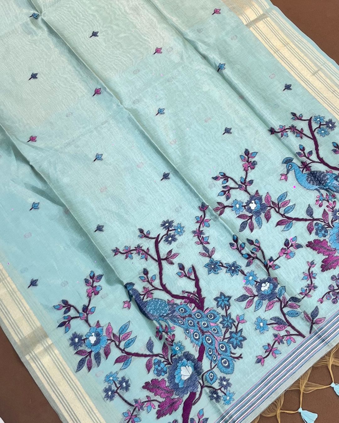Aqua Blue Colour Lotus Flower Thred work Cotton Saree