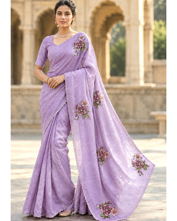 Lavender Colour Organza Saree with Floral Applique work