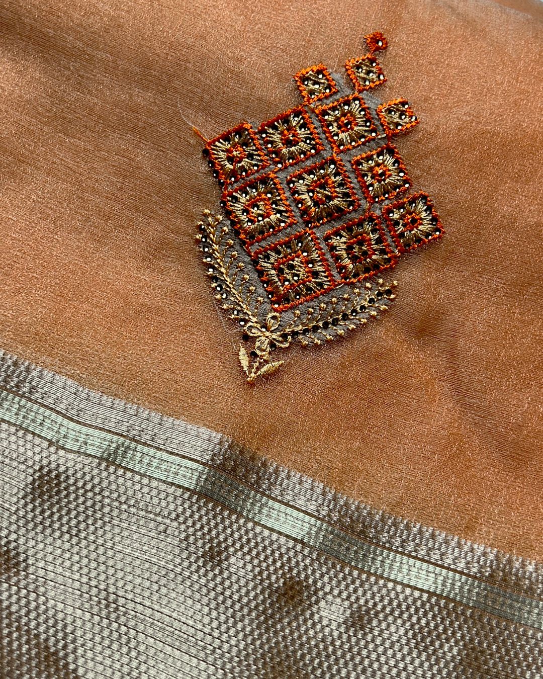 Orange Colour Organza Silk Saree with Golden Zari Border