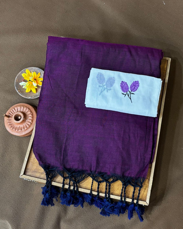 Purple Colour Cotton Saree with Contrast Blouse Piece
