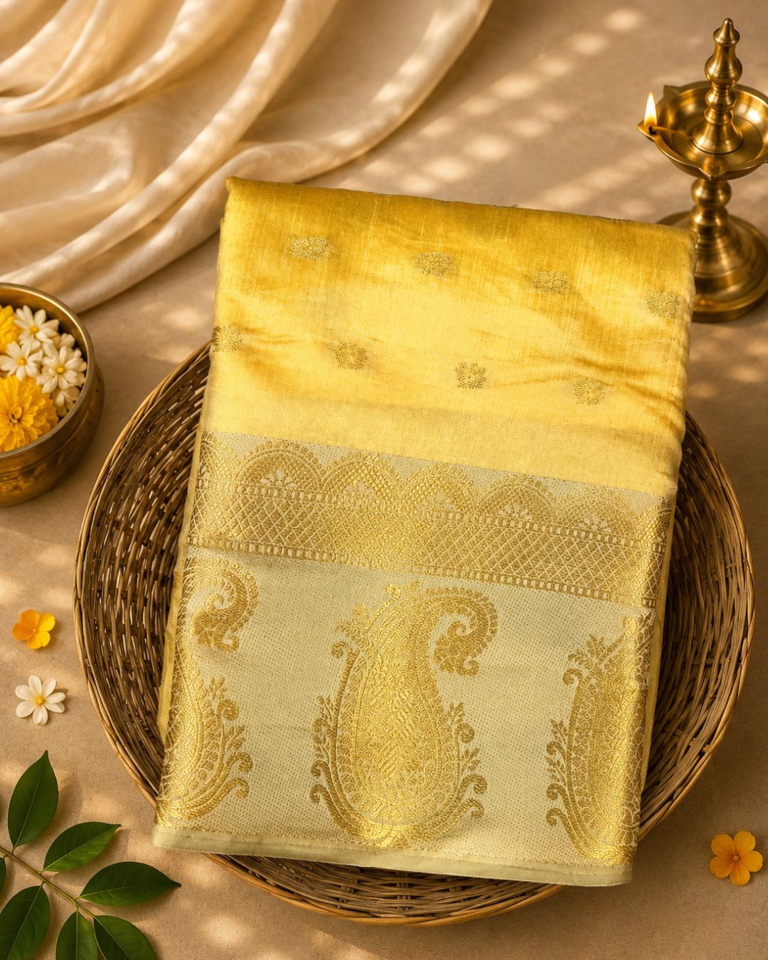 Golden Yellow Colour Semi Silk Dual Shine Zari Saree