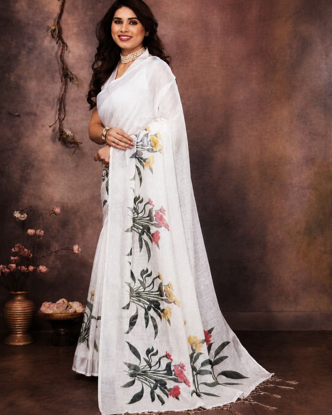 White Colour Linen Floral Cotton Saree