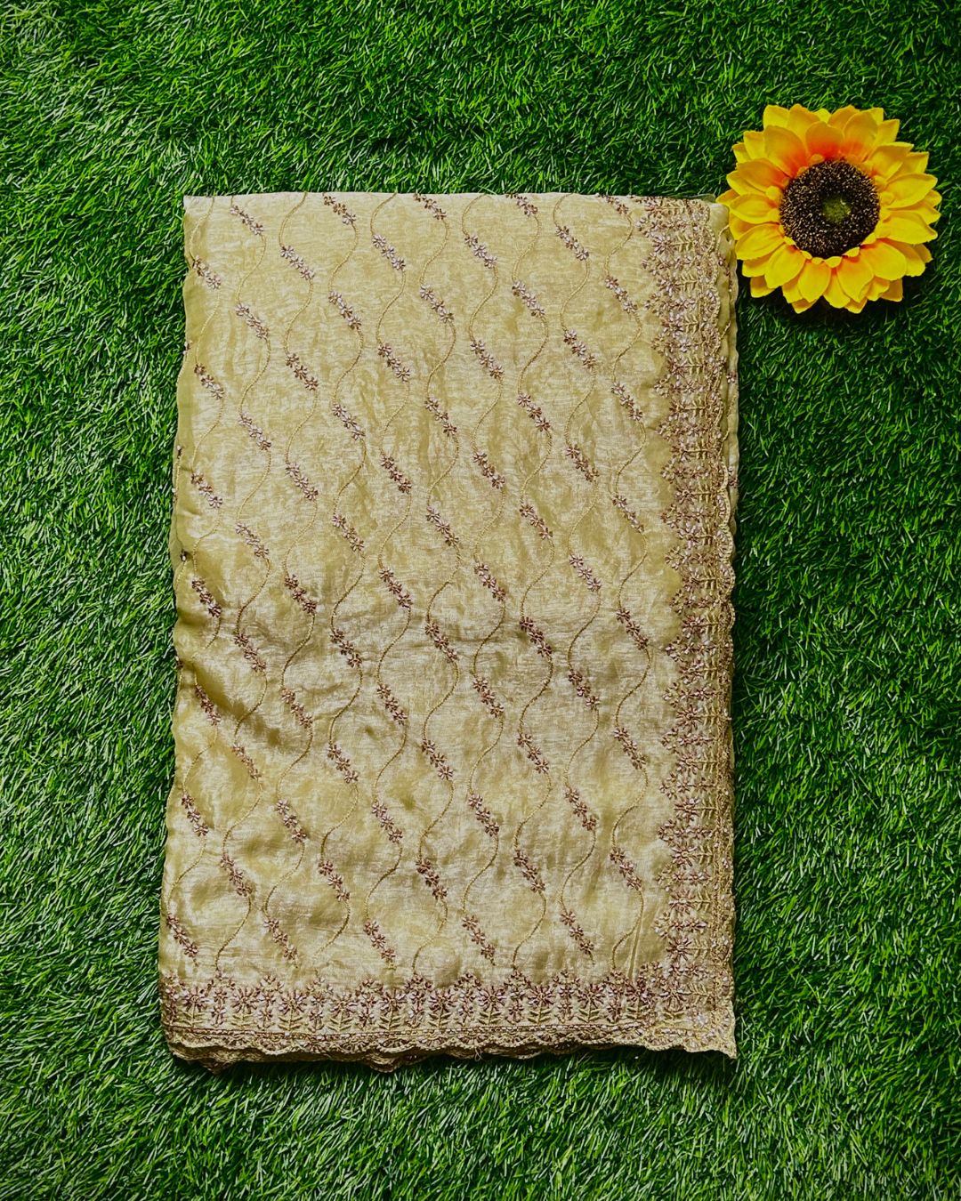 Light Sage Green Colour Fandy Satin Silk Saree with Bead Work