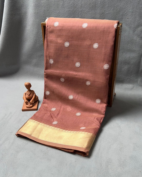 Onion Pink Saree with Butti Work & Golden Zari Border
