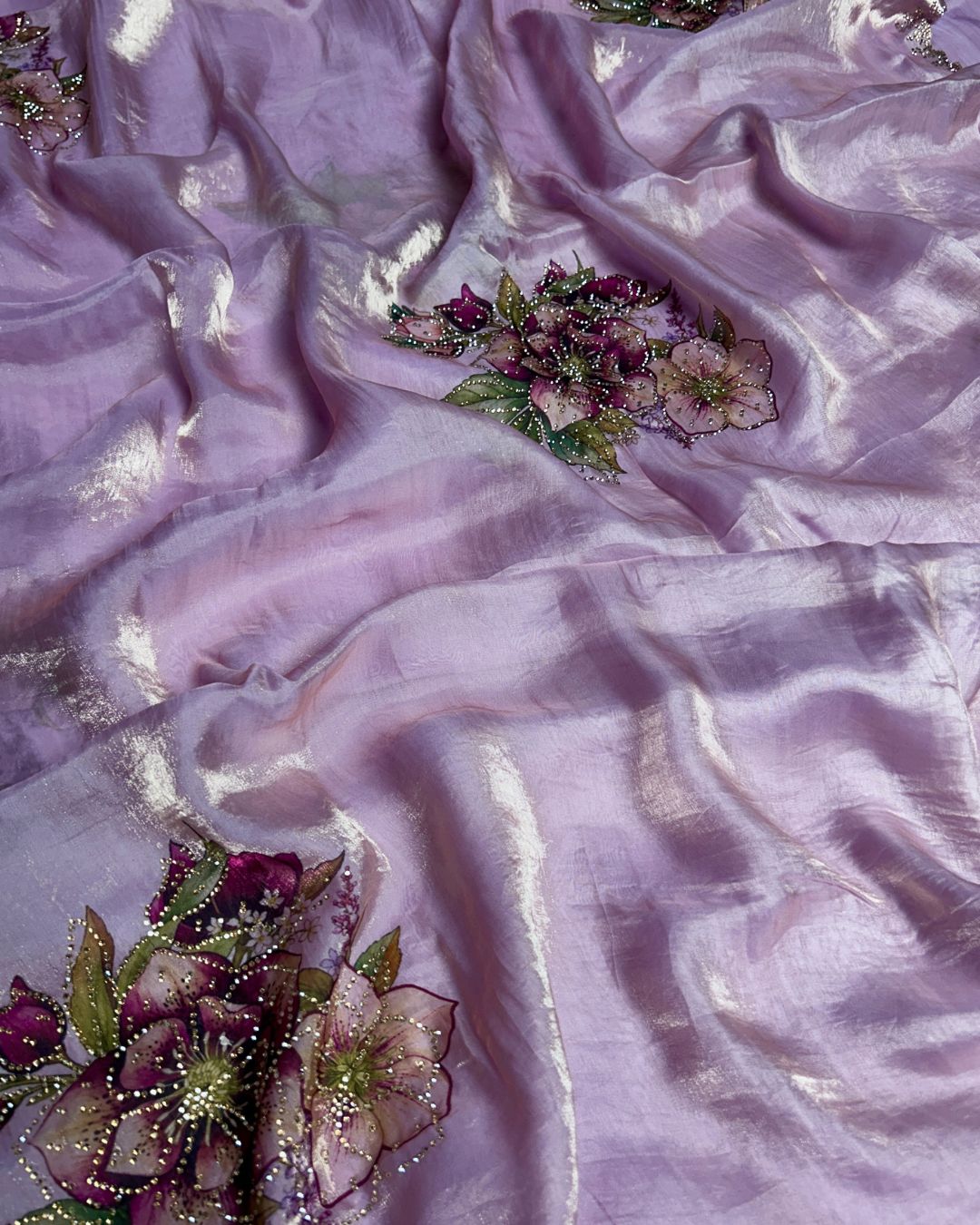 Lavender Colour Organza Saree with Floral Applique work