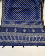 Blue Colour Mal Cotton Indigo Printed Saree with Contrast Border