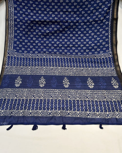 Blue Colour Mal Cotton Indigo Printed Saree with Contrast Border