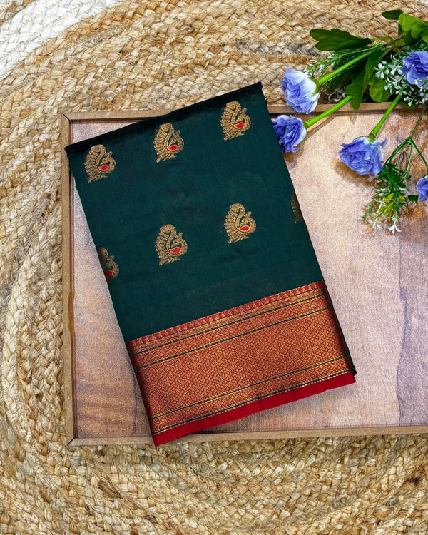 Forest Green Colour Semi Silk Temple Border Zari Saree