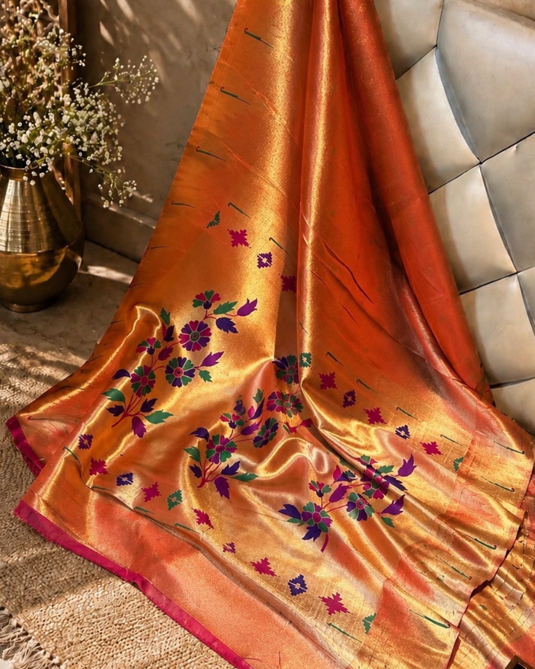 Radiant Orange Colour Shimmer Bamboo Tissue Silk Saree
