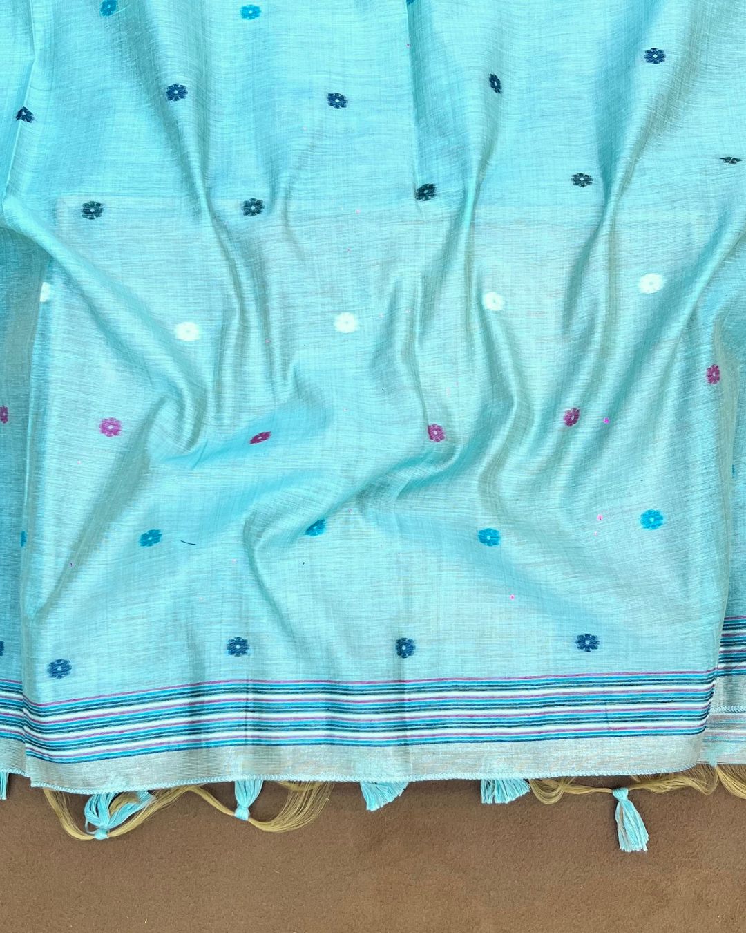 Aqua Blue Colour Lotus Flower Thred work Cotton Saree