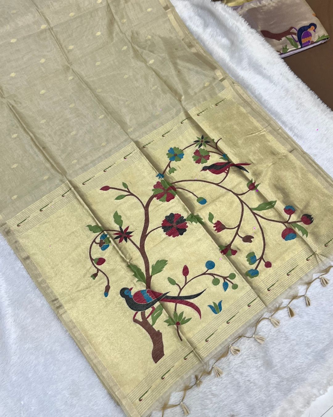 Cream Golden Colour  Thread work Cotton Saree