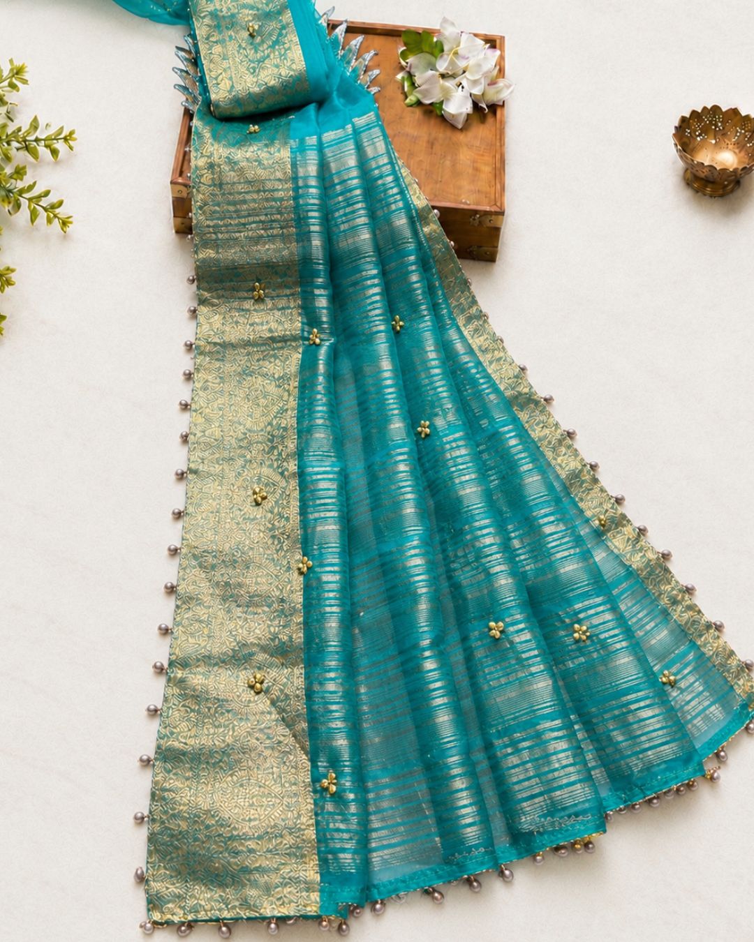 Sky Blue Colour Designer Organza Silk Saree with Bead Tassels & Gungroo
