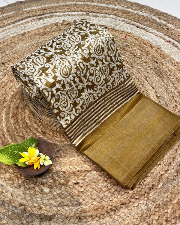 Hazel Brown Colour Cotton-Blend Paisley Printed Saree