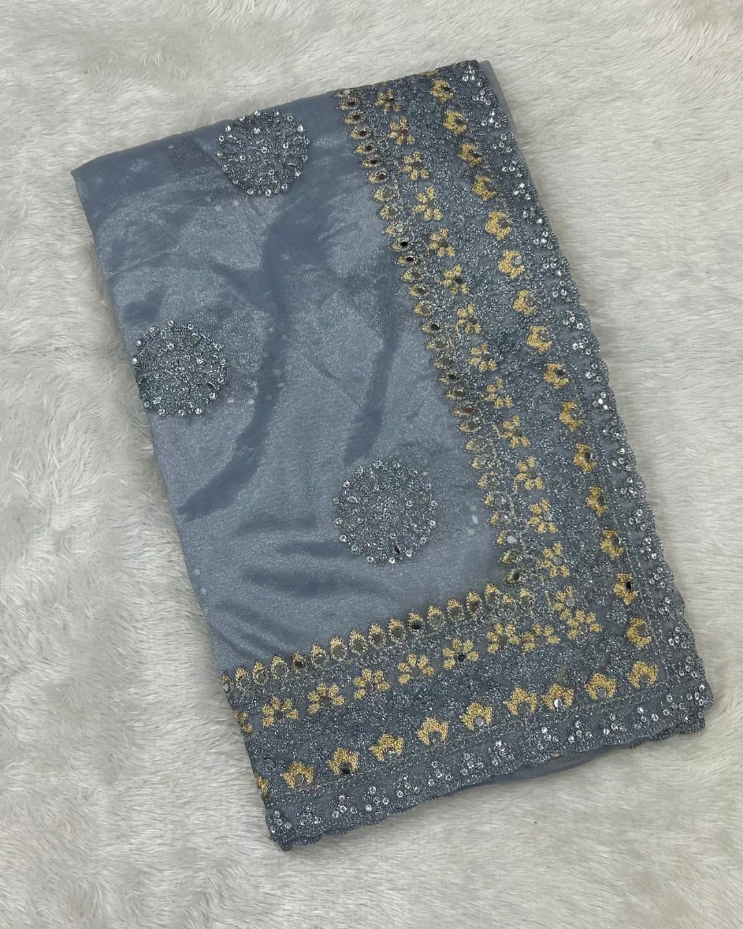 Grey Colour Twill Net Mirror Work Saree
