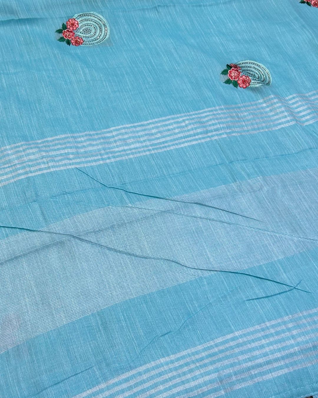 Aqua Blue Colour Linen Cotton Saree