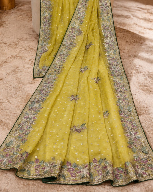 Golden Yellow Shimmer Georgette Saree with Thread Work