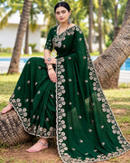 Forest Green Colour Vichitra Silk Cut Wok Border Saree
