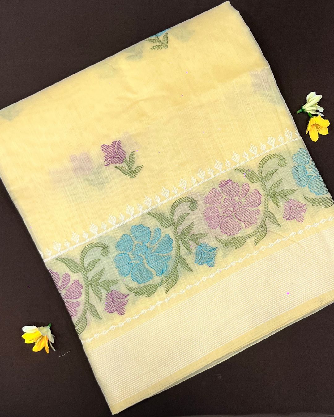 Yellow Colour Cotton Floral Embroidery Saree