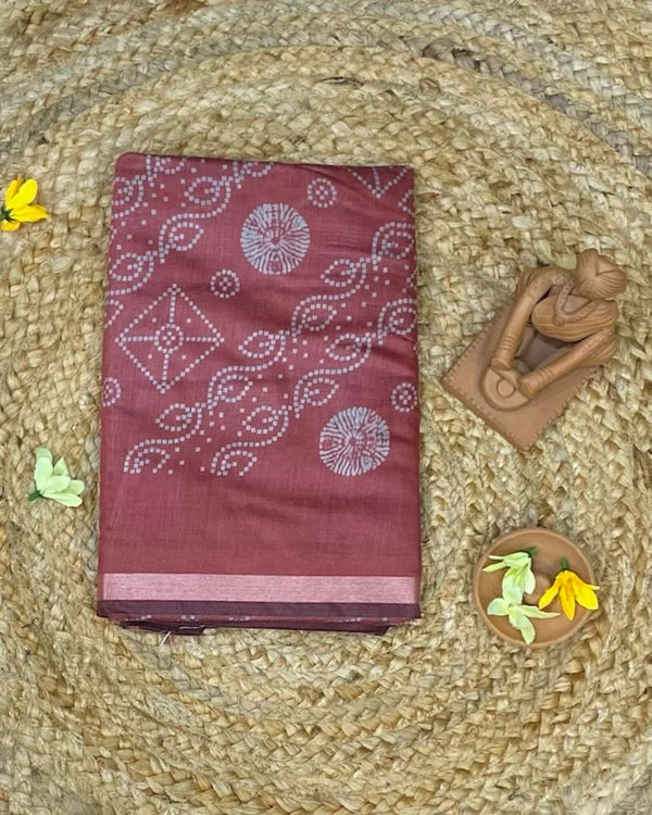 Rust Orange Colour Mal Cotton Bandhani Printed Saree