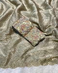 Pastel Sage Green Colour Gold Crush Saree With Heavy work Blouse Piece