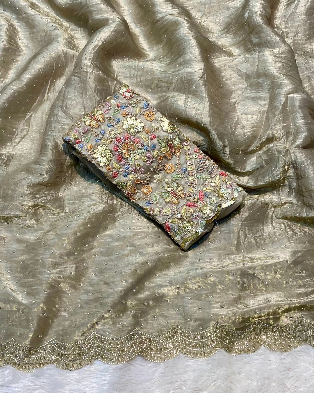 Pastel Sage Green Colour Gold Crush Saree With Heavy work Blouse Piece