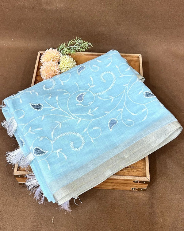 Blue Colour Cotton Thread Work Saree
