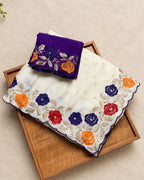 Off-White Colour Floral Embroidered Saree with Contrast Blouse