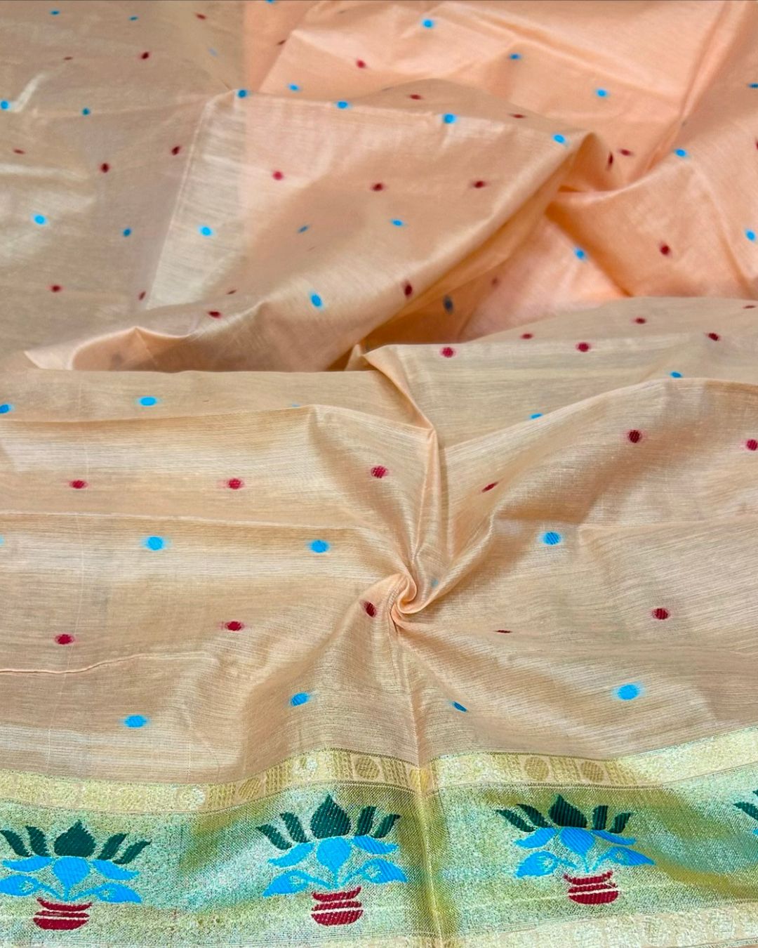 Peach Colour Cotton Meenakari Work Saree
