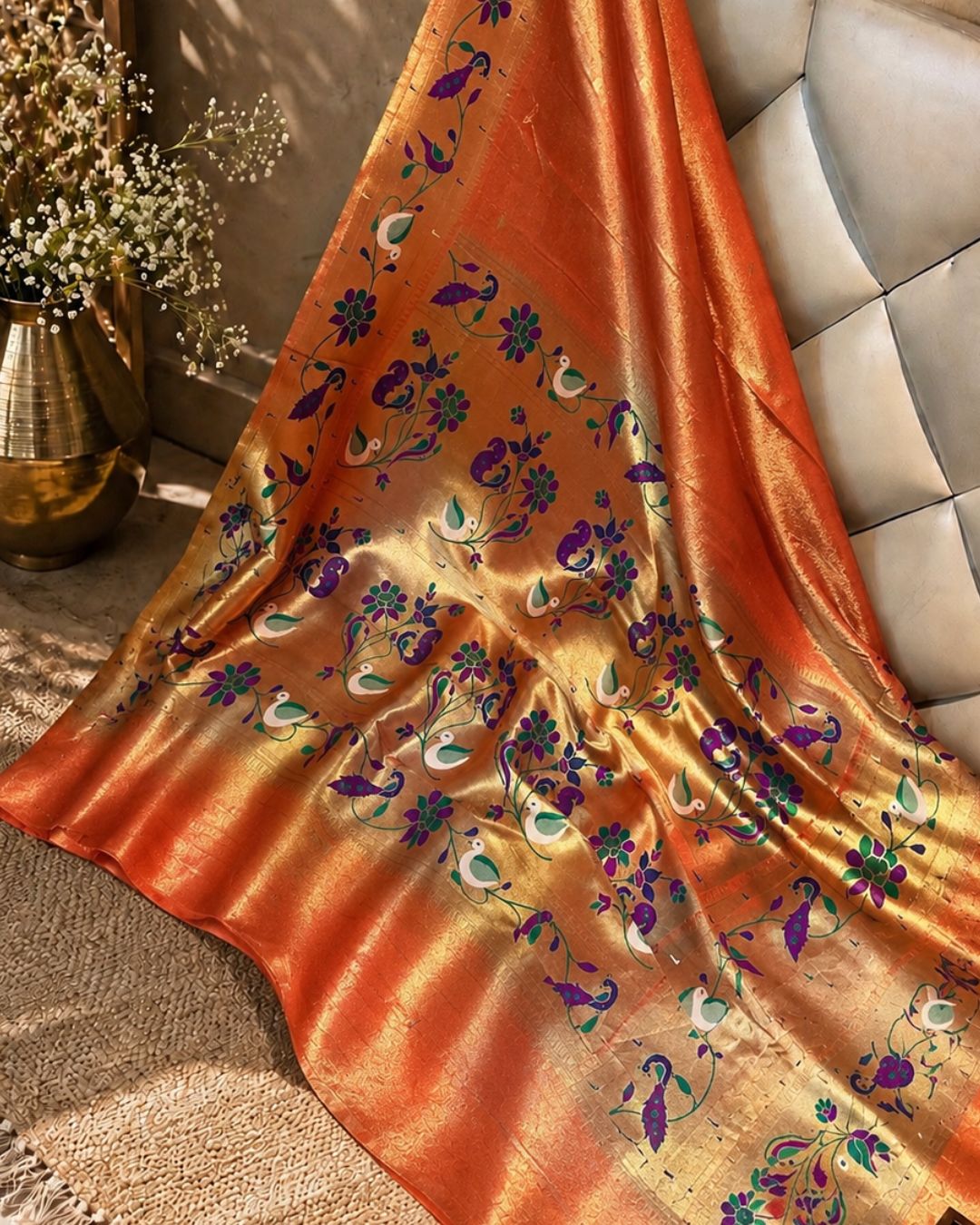 Radiant Orange Colour Shimmer Bamboo Tissue Silk Saree