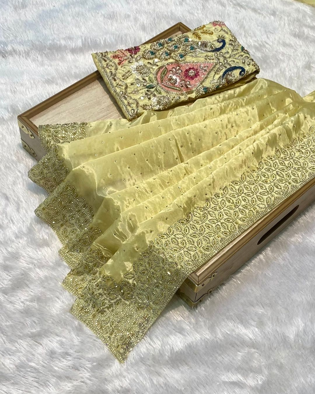 Dusty Lemon Yellow Colour Chinnon Silk Saree With Heavy work Blouse Piece
