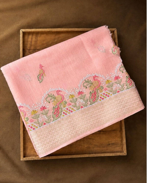 Light Orange Peacock Embroidery Cotton Saree