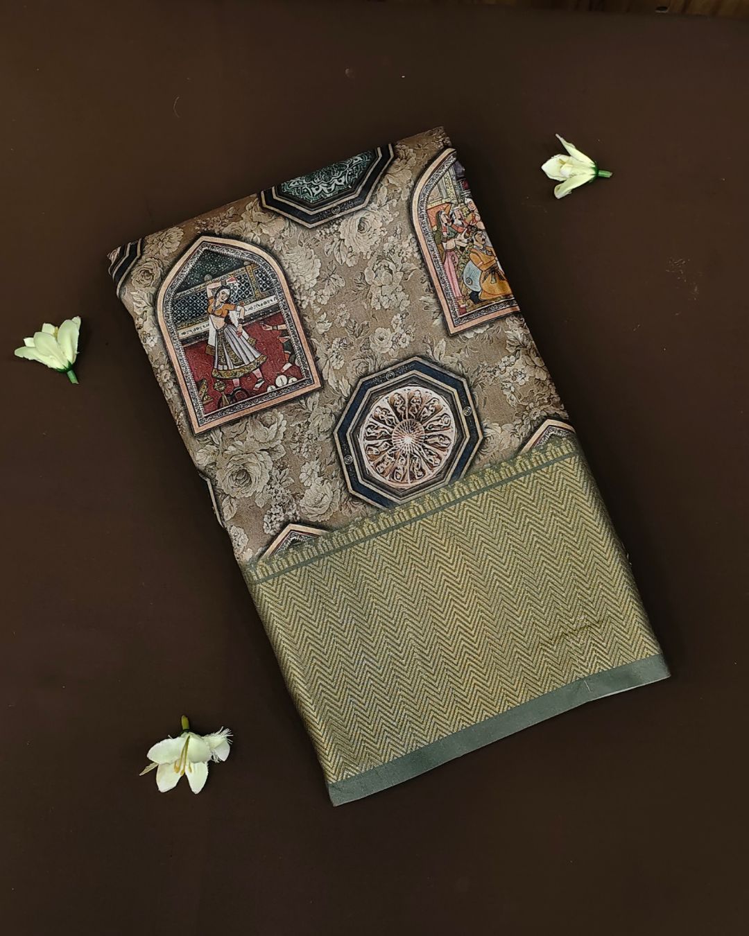 Dusty Olive Green Colour Tussar Silk Printed Saree