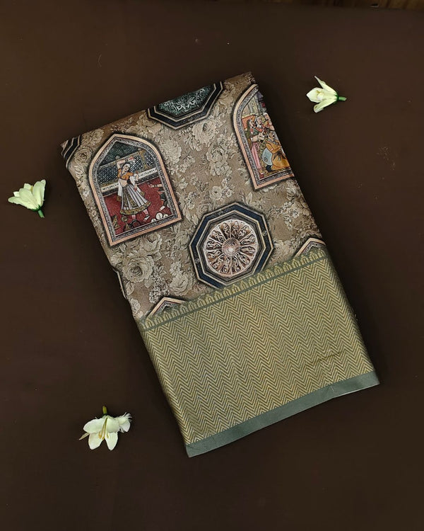Dusty Olive Green Colour Tussar Silk Printed Saree