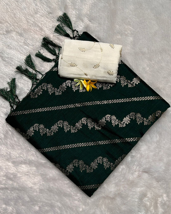 Forest Green  Colour Vichitra Silk Foil Print with Contrast Blouse Piece