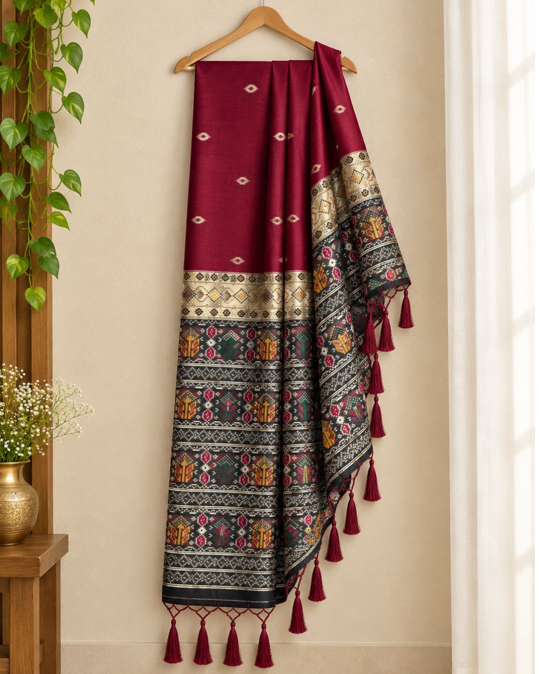 Maroon Green Colour Cotton Jamdani Saree with Patola Print rich Pallu