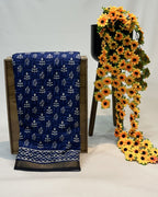 Blue Colour Mal Cotton Indigo Printed Saree with Contrast Border