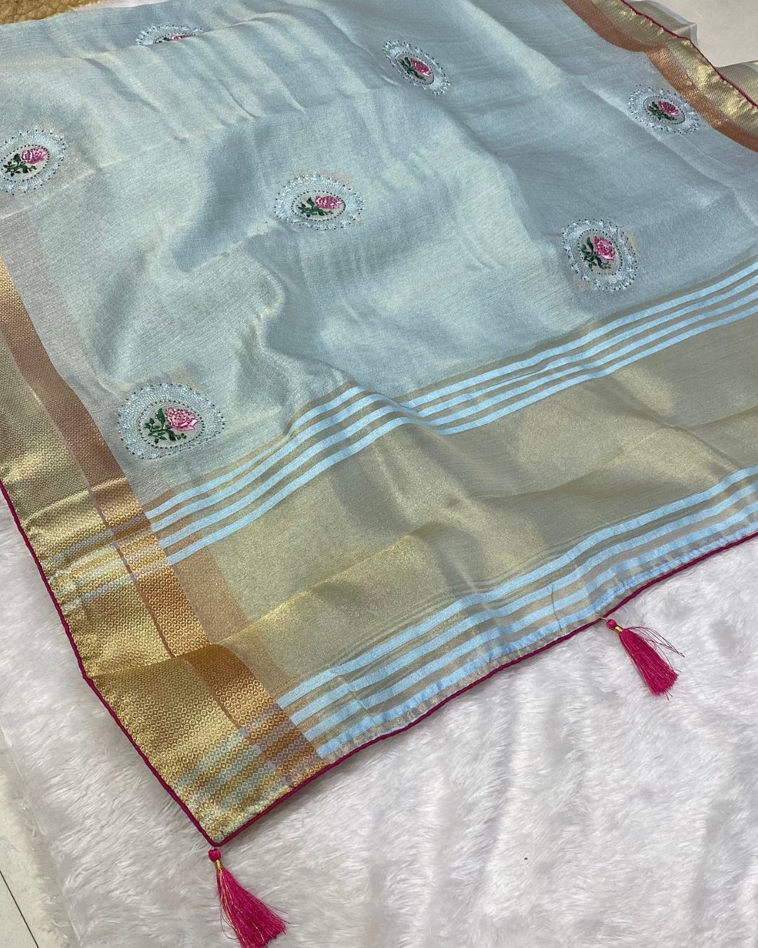 Sky Blue Colour Tissue Silk Saree