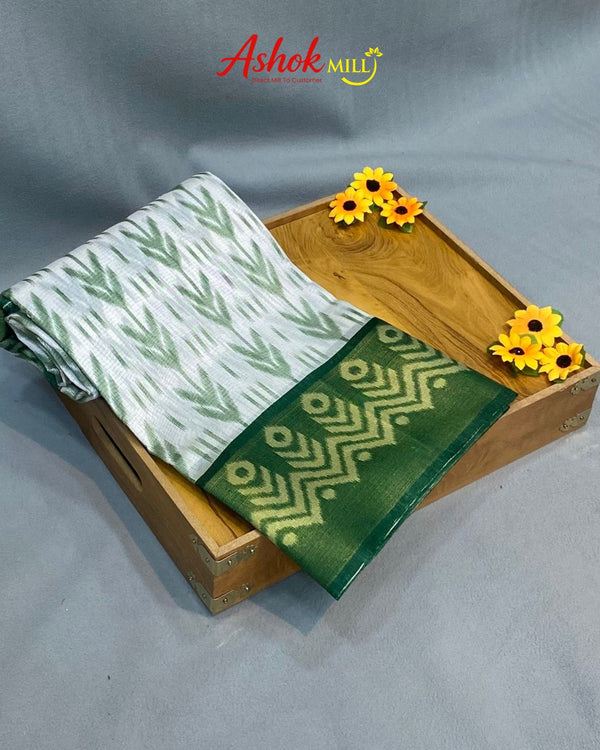 Green Colour Cotton Ikkat Printed Saree
