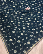 Petrol Blue Colour Chiffon Batik Print lace Border Saree