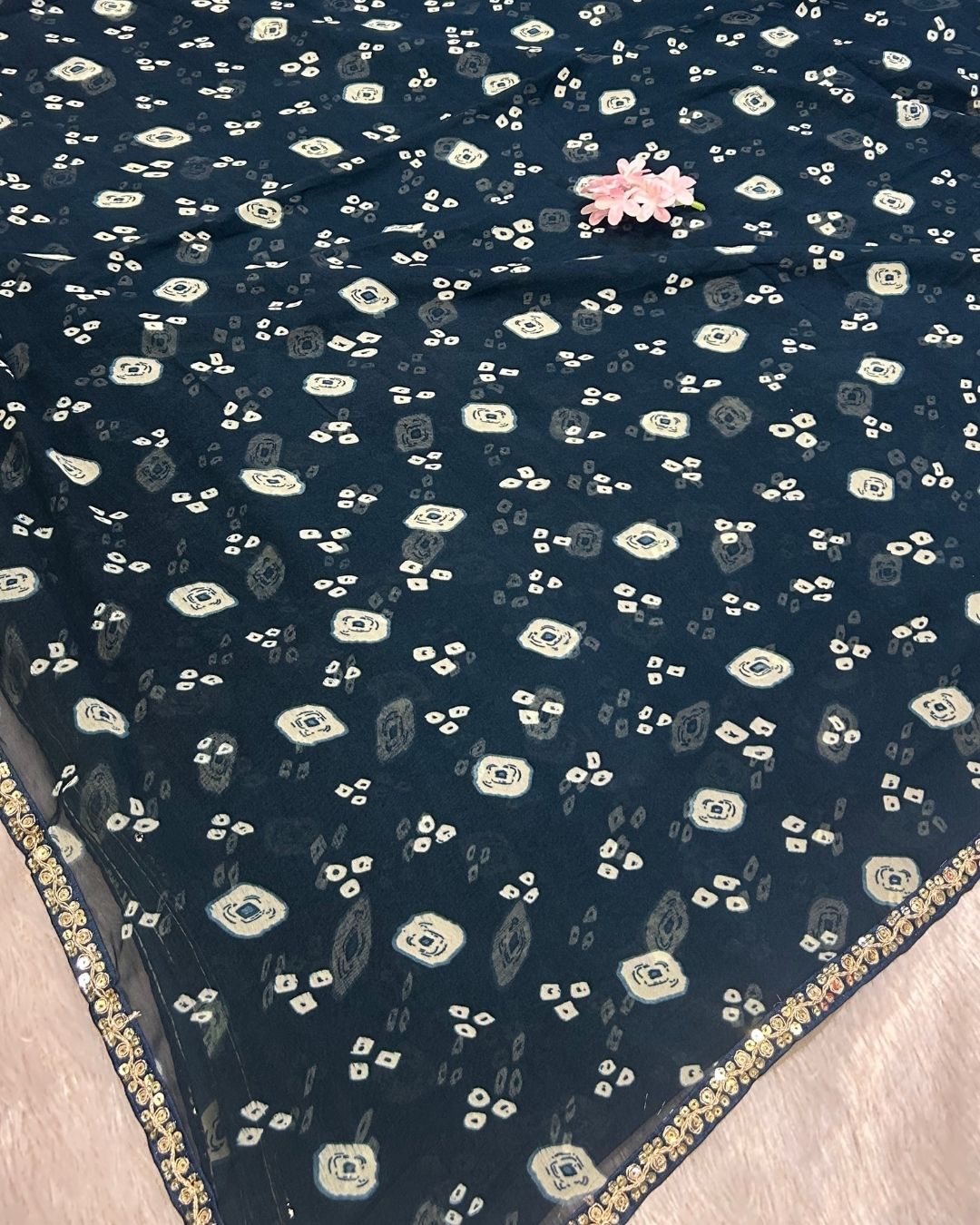 Petrol Blue Colour Chiffon Batik Print lace Border Saree