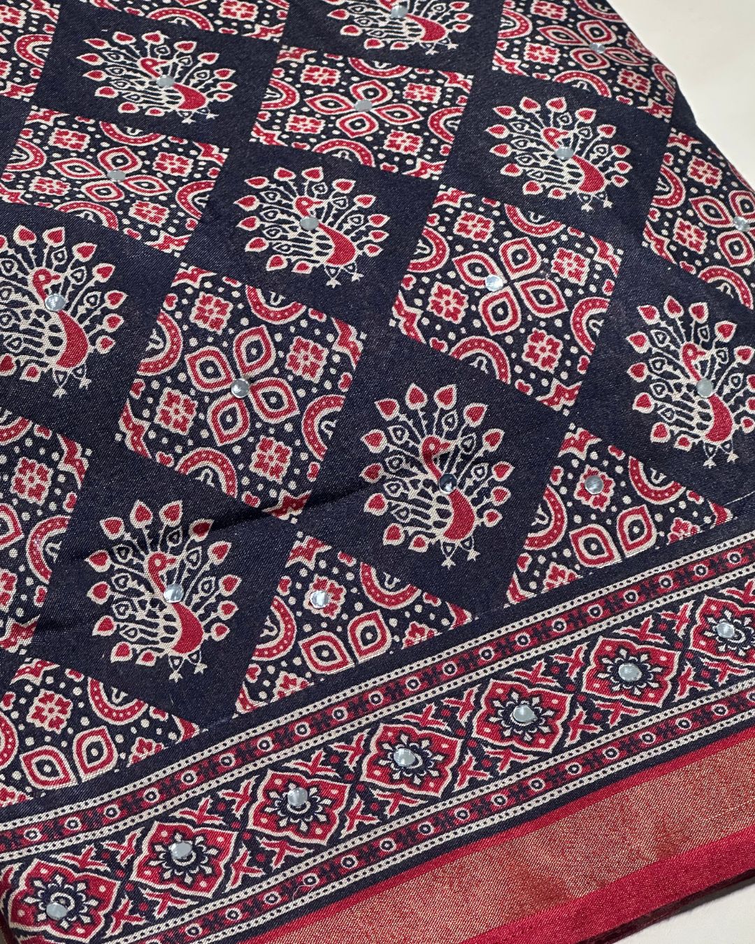 Navy Blue Colour Ajrakh Print Mirror work Saree