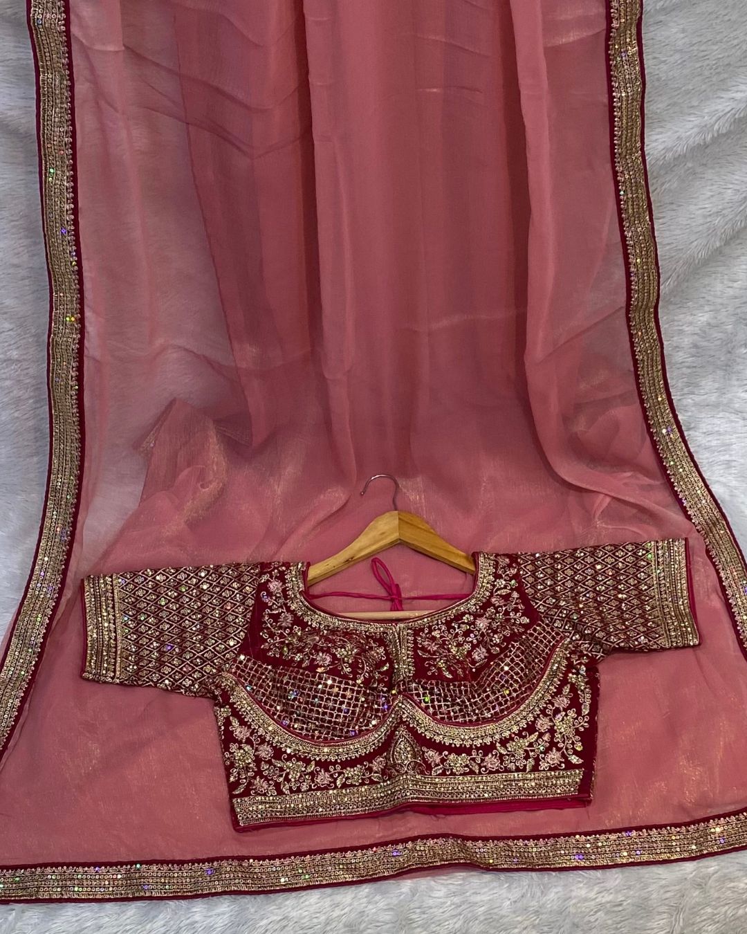 Dusty Pink Colour Shimmer Georgette Saree with Readymade Blouse