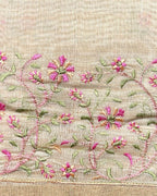 Golden Beige Tissue Cotton Saree with Elegant Pink Floral Thread Embroidery