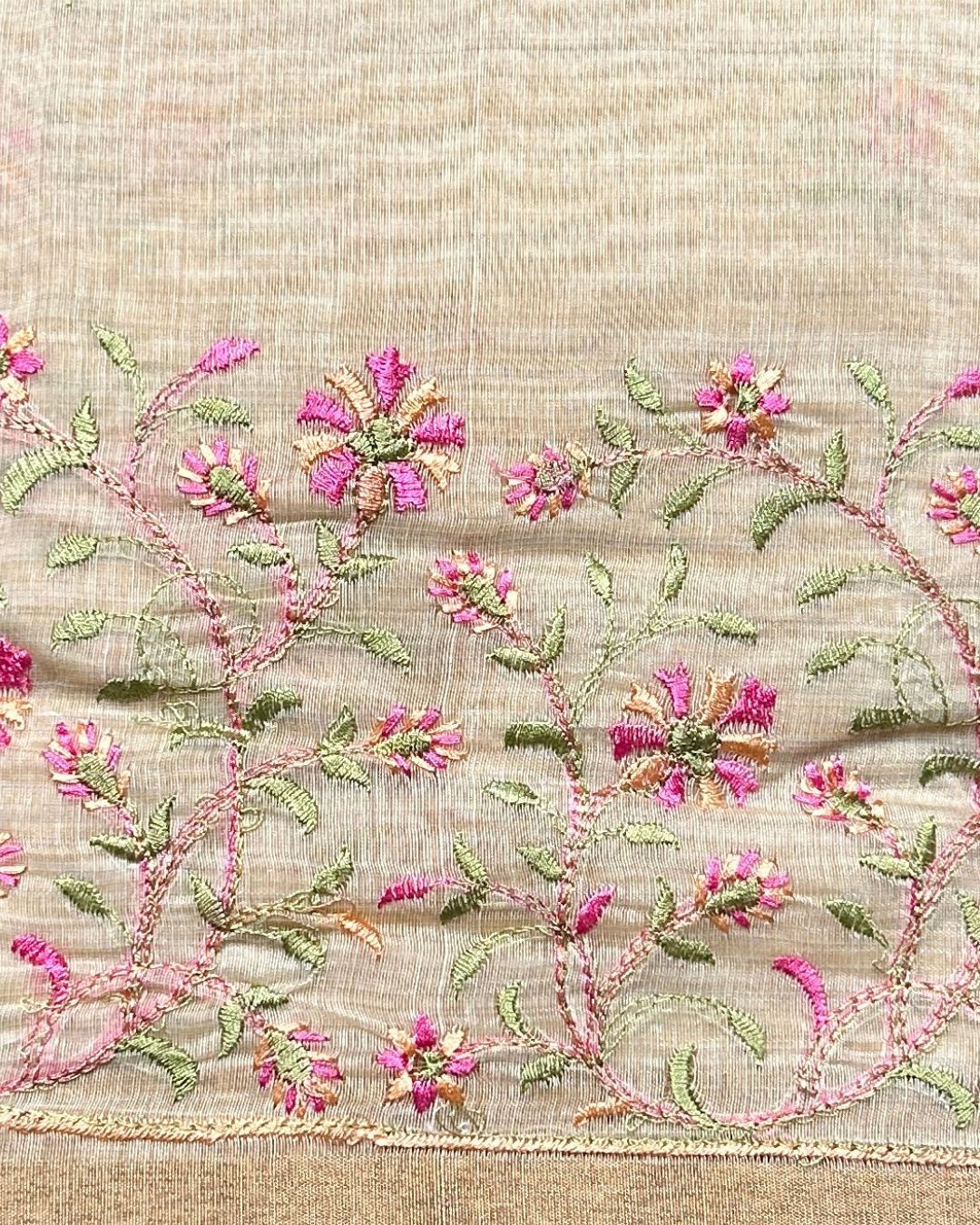 Golden Beige Tissue Cotton Saree with Elegant Pink Floral Thread Embroidery