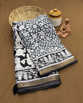 Blue-Grey Colour Mal Cotton Kalamkari Printed Saree with Contrast Blouse
