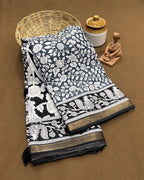 Blue-Grey Colour Mal Cotton Kalamkari Printed Saree with Contrast Blouse