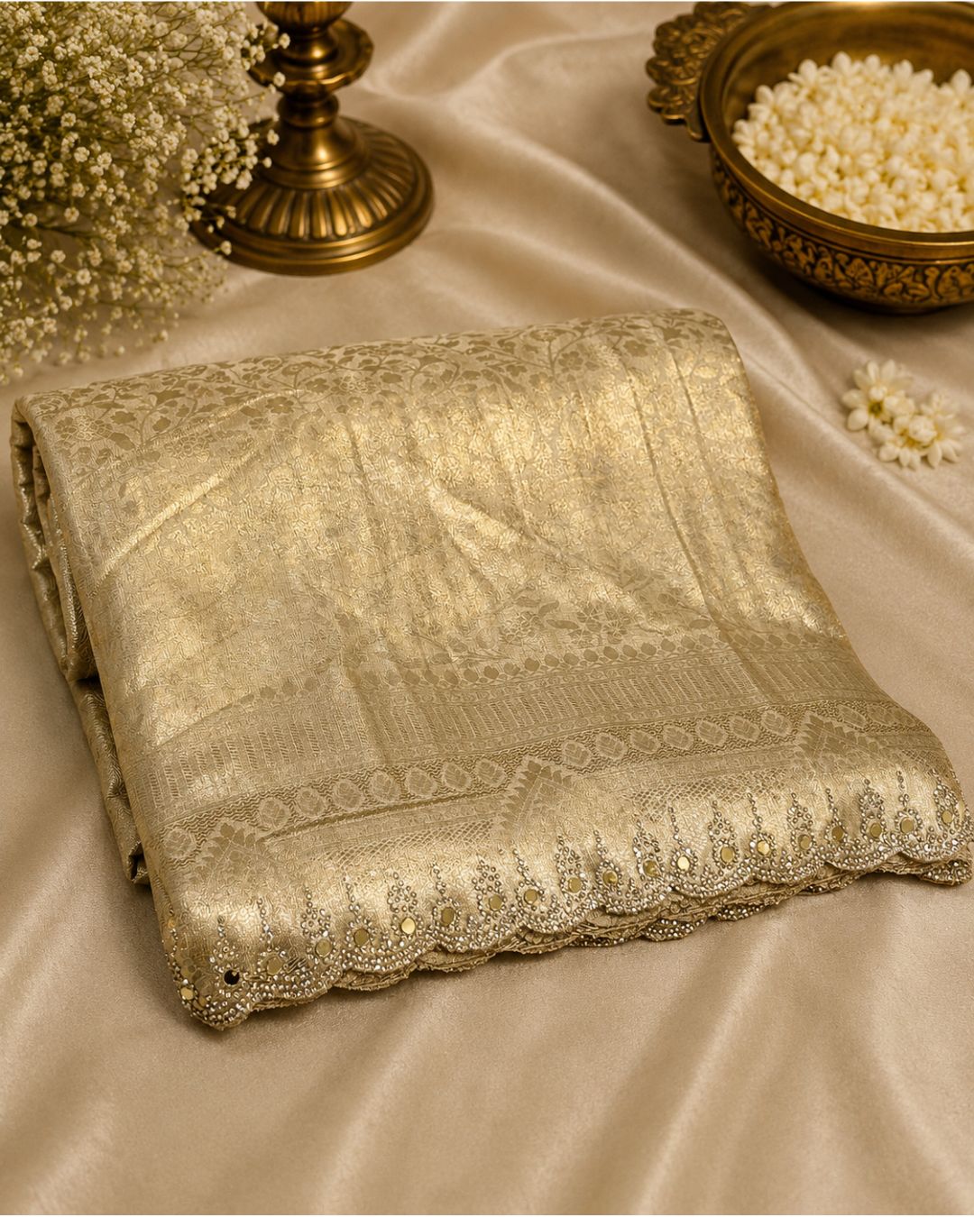 Golden Colour Jarkan Cut Work Border Tissue Silk Saree M 15238