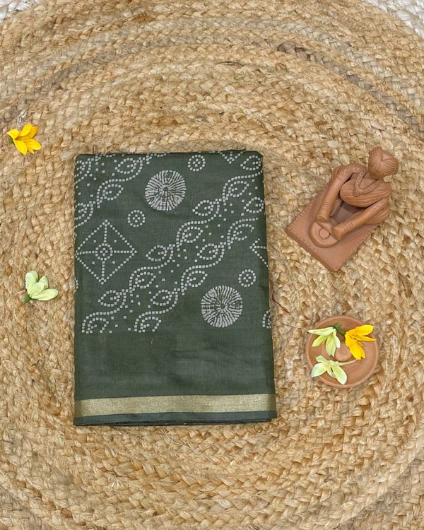 Moss Green Colour Mal Cotton Bandhani Printed Saree